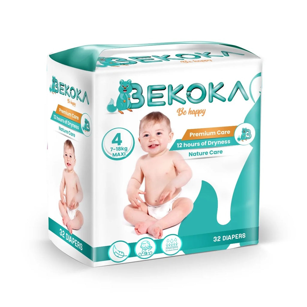 BEKOKA High-quality Diapers, Size 4 (7-18kg) Maxi - Pack of 32 Pcs