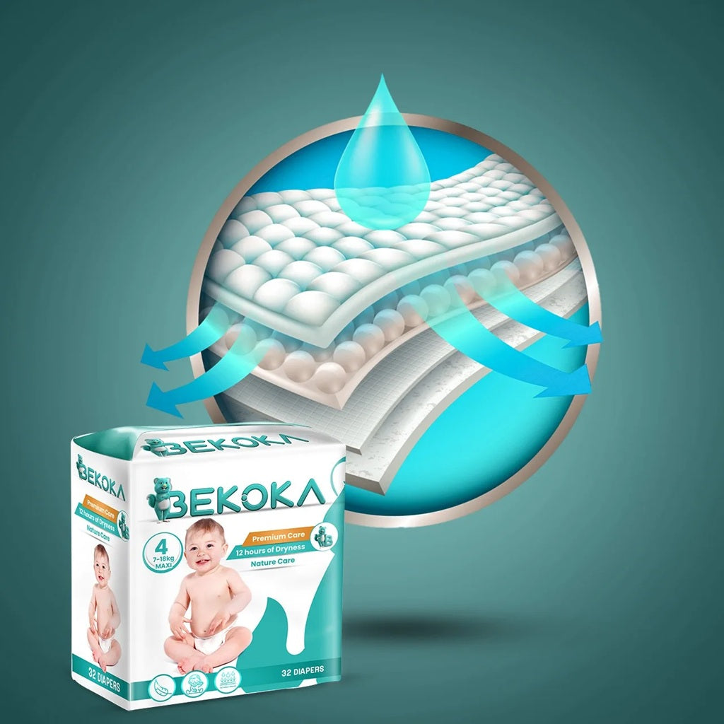 BEKOKA High-quality Diapers, Size 4 (7-18kg) Maxi - Pack of 32 Pcs