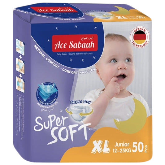 Ace Sabaah Super Soft Dry Diapers, Natural Comfort, Size 6, XL 12-25kg, 1 Pack 50 Diaper Mega Pack