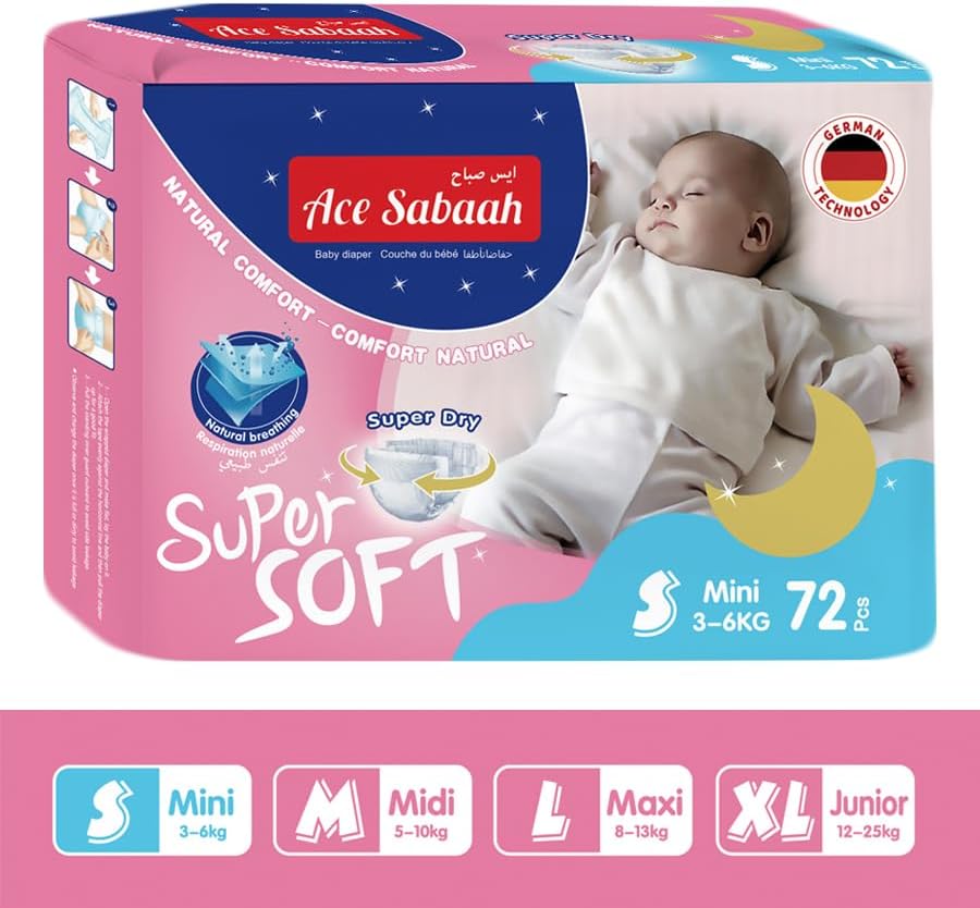 Ace Sabaah Super Dry Diaper, Soft Feel, Natural Comfort, 1 Pack 72 Small Size 2, 3-6Kg, Mega