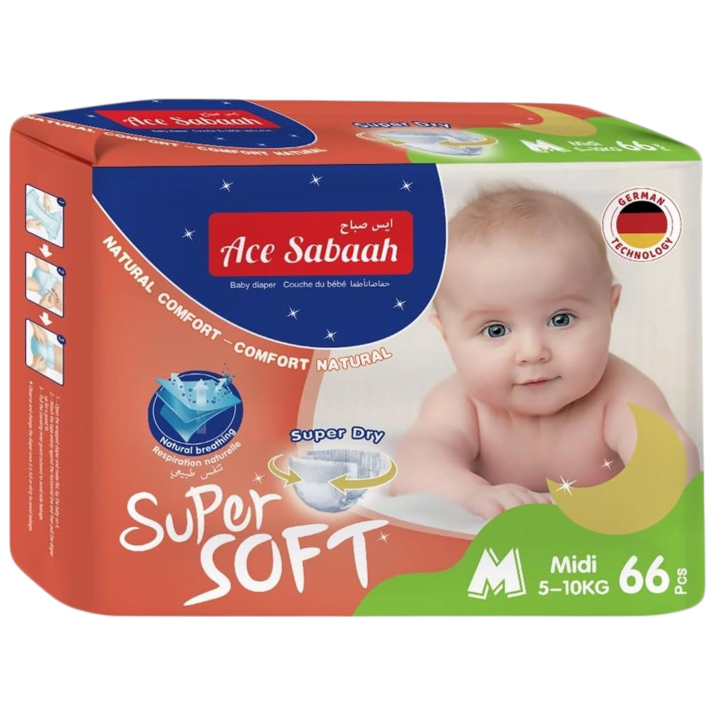 Ace Sabaah Super Soft Dry Diapers, Natural Comfort, Size 3, Medium 5-10kg, 1 Pack 66 Diaper Mega Pack