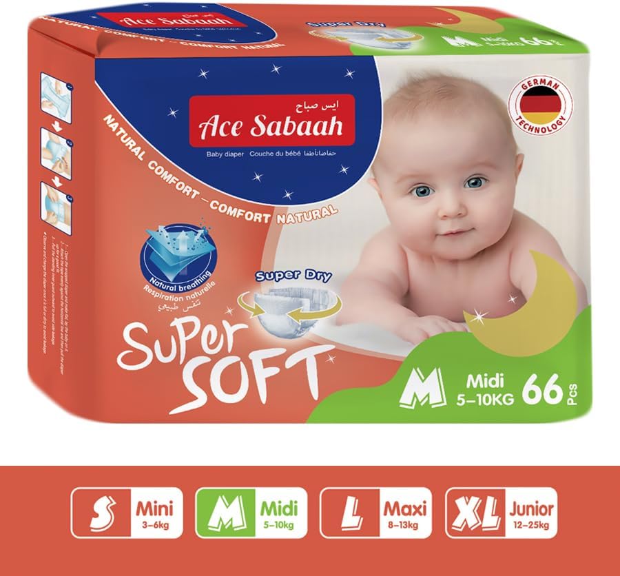 Ace Sabaah Super Soft Dry Diapers, Natural Comfort, Size 3, Medium 5-10kg, 1 Pack 66 Diaper Mega Pack