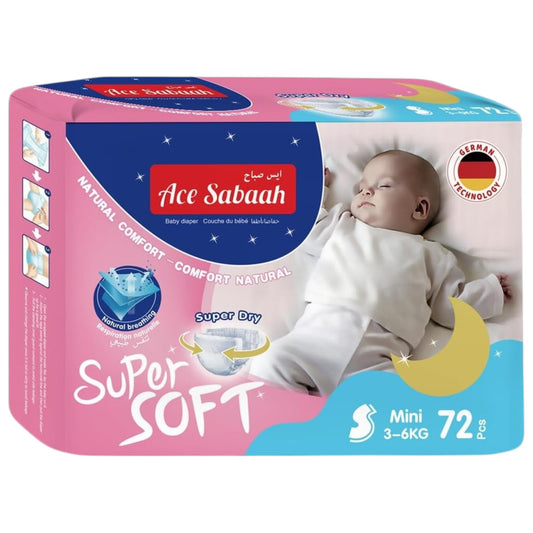 Ace Sabaah Super Dry Diaper, Soft Feel, Natural Comfort, 1 Pack 72 Small Size 2, 3-6Kg, Mega