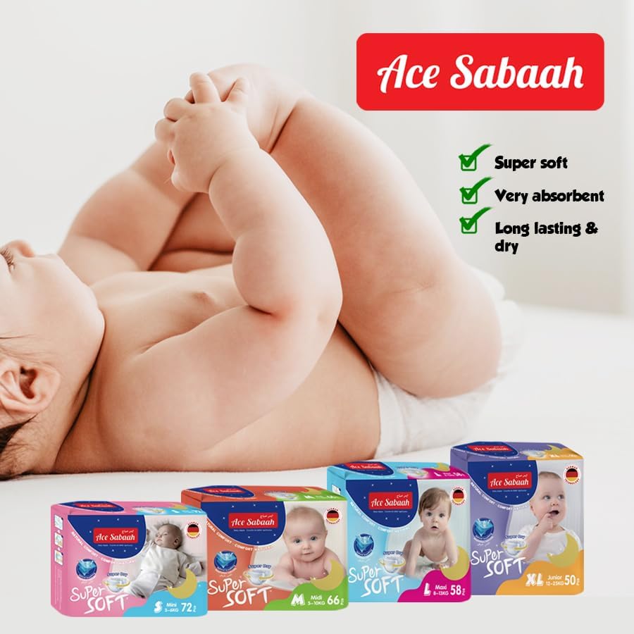 Ace Sabaah Super Soft Dry Diapers, Natural Comfort, Size 3, Medium 5-10kg, 1 Pack 66 Diaper Mega Pack