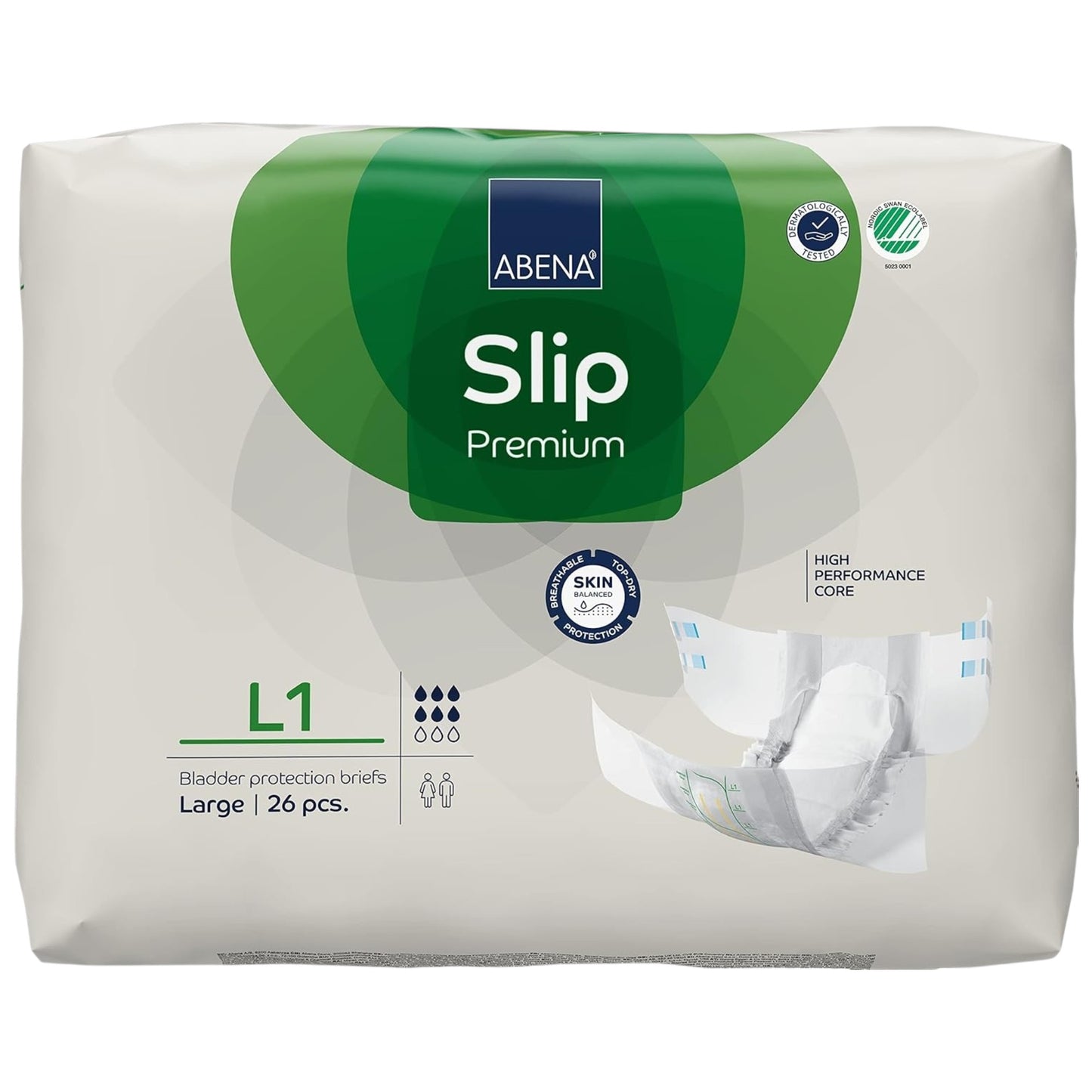 ABENA Slip Premium All-in-One Incontinence Pads for Men & Women, Eco-Labelled Womens, Mens, Large 1, 100-150cm Waist, 2500ml Absorbency, 26PK, White
