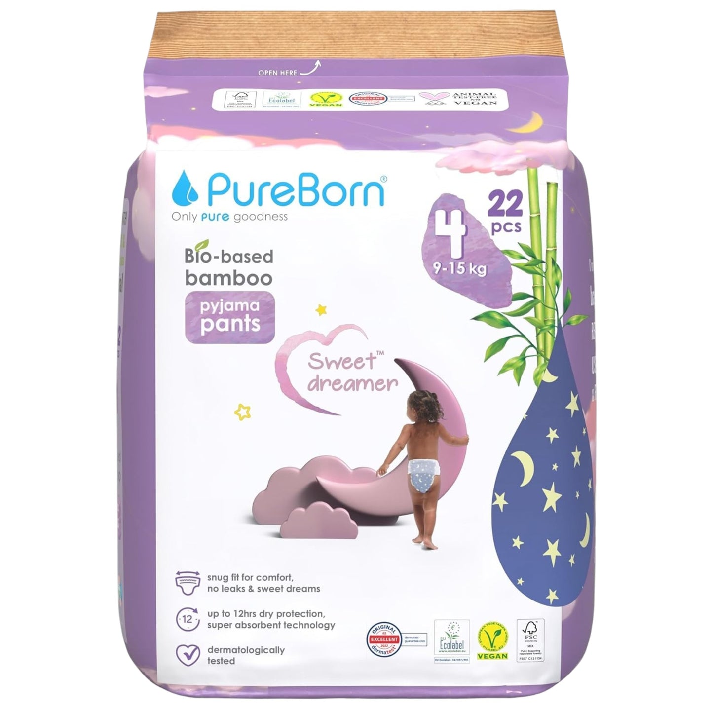 Pure Born Size 4 Natural bio-based baby Night training pyjama Pants (9 to 15 kg) 22 pcs