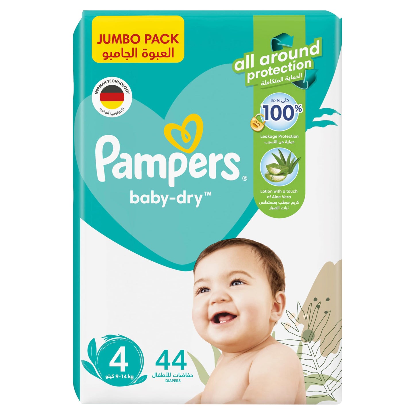 Pampers Baby-Dry Taped Diapers with Aloe Vera Lotion, up to 100% Leakage Protection, Size 4 (9-18kg) 44pcs