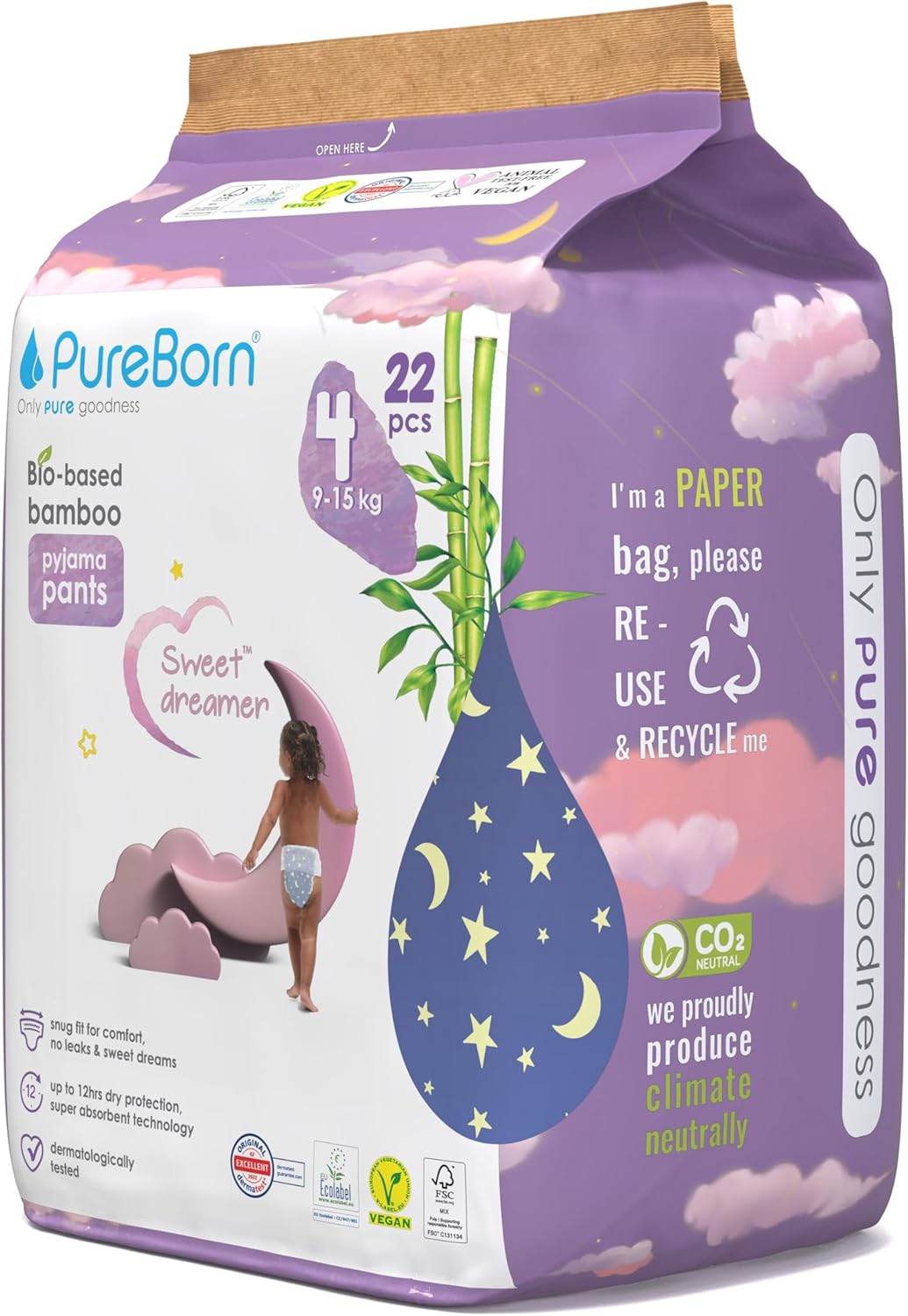 Pure Born Size 4 Natural bio-based baby Night training pyjama Pants (9 to 15 kg) 22 pcs