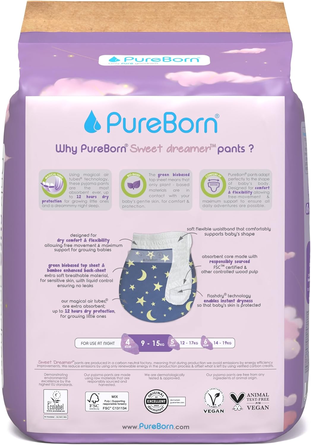 Pure Born Size 4 Natural bio-based baby Night training pyjama Pants (9 to 15 kg) 22 pcs