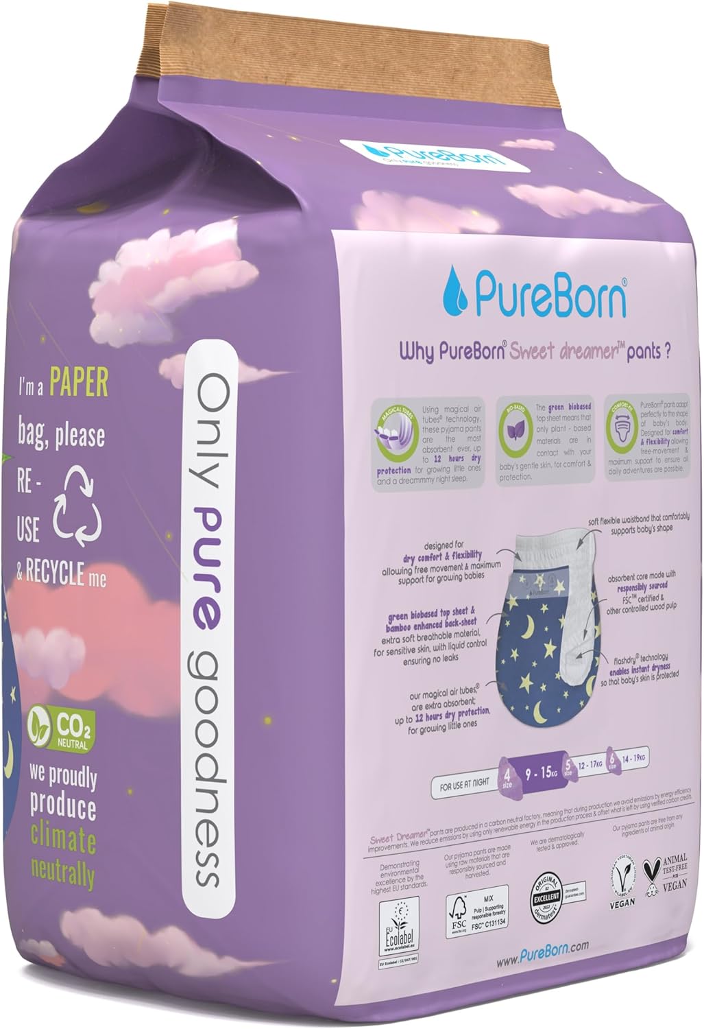 Pure Born Size 4 Natural bio-based baby Night training pyjama Pants (9 to 15 kg) 22 pcs