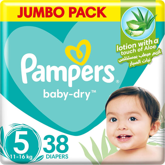 Pampers Baby-Dry Taped Diapers with Aloe Vera Lotion, up to 100% Leakage Protection, Size 5 (11-16kg) 38pcs