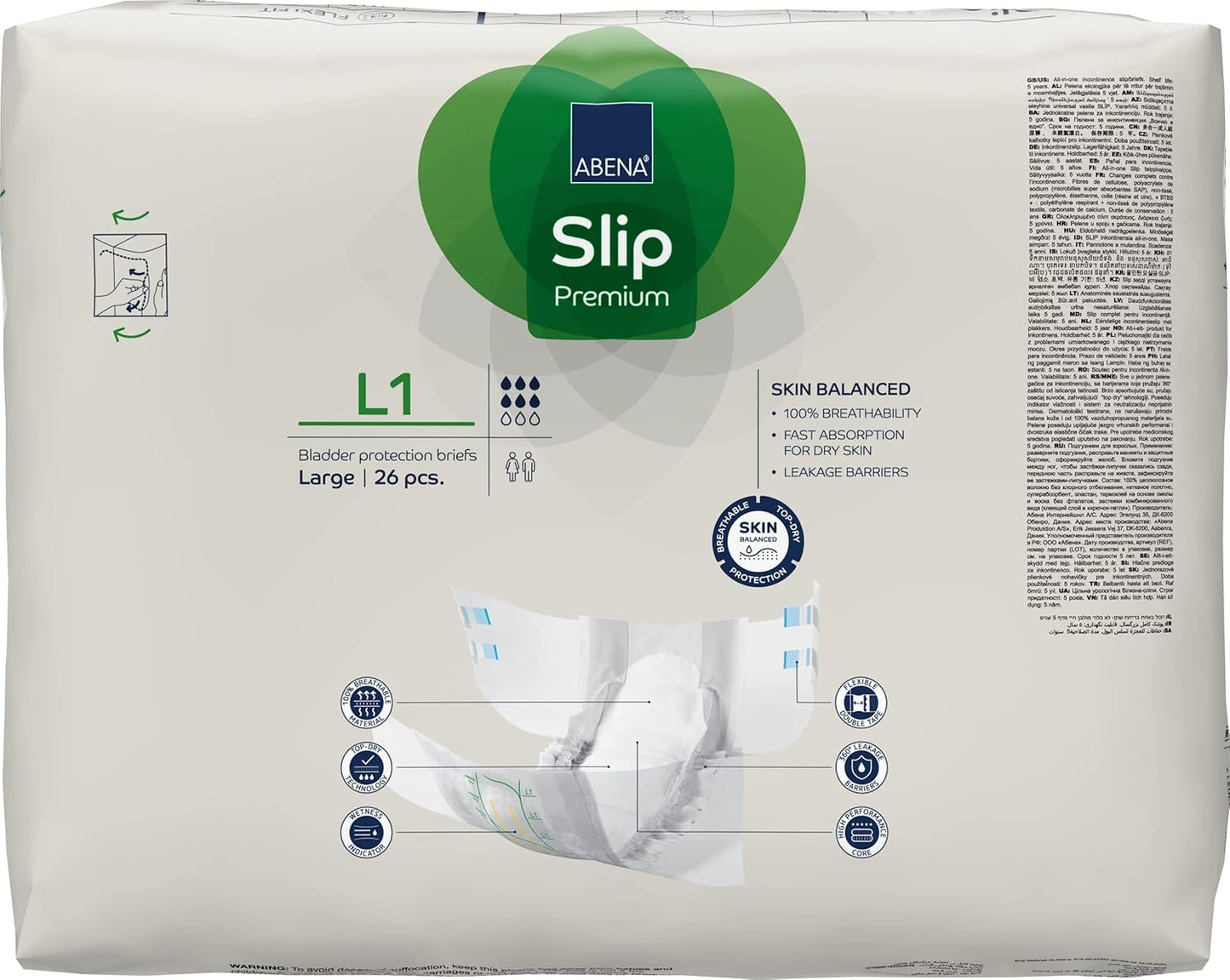 ABENA Slip Premium All-in-One Incontinence Pads for Men & Women, Eco-Labelled Womens, Mens, Large 1, 100-150cm Waist, 2500ml Absorbency, 26PK, White