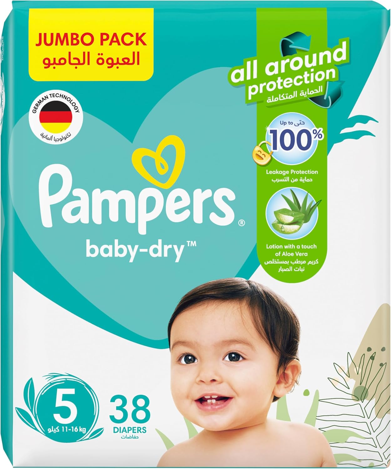 Pampers Baby-Dry Taped Diapers with Aloe Vera Lotion, up to 100% Leakage Protection, Size 5 (11-16kg) 38pcs