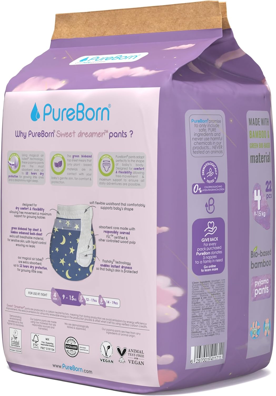 Pure Born Size 4 Natural bio-based baby Night training pyjama Pants (9 to 15 kg) 22 pcs